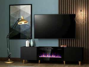 Meuble tv design avec cheminée artificielle intégrée en miroir anthracite  livré monté 200cm de largeur collection FIBRAMU