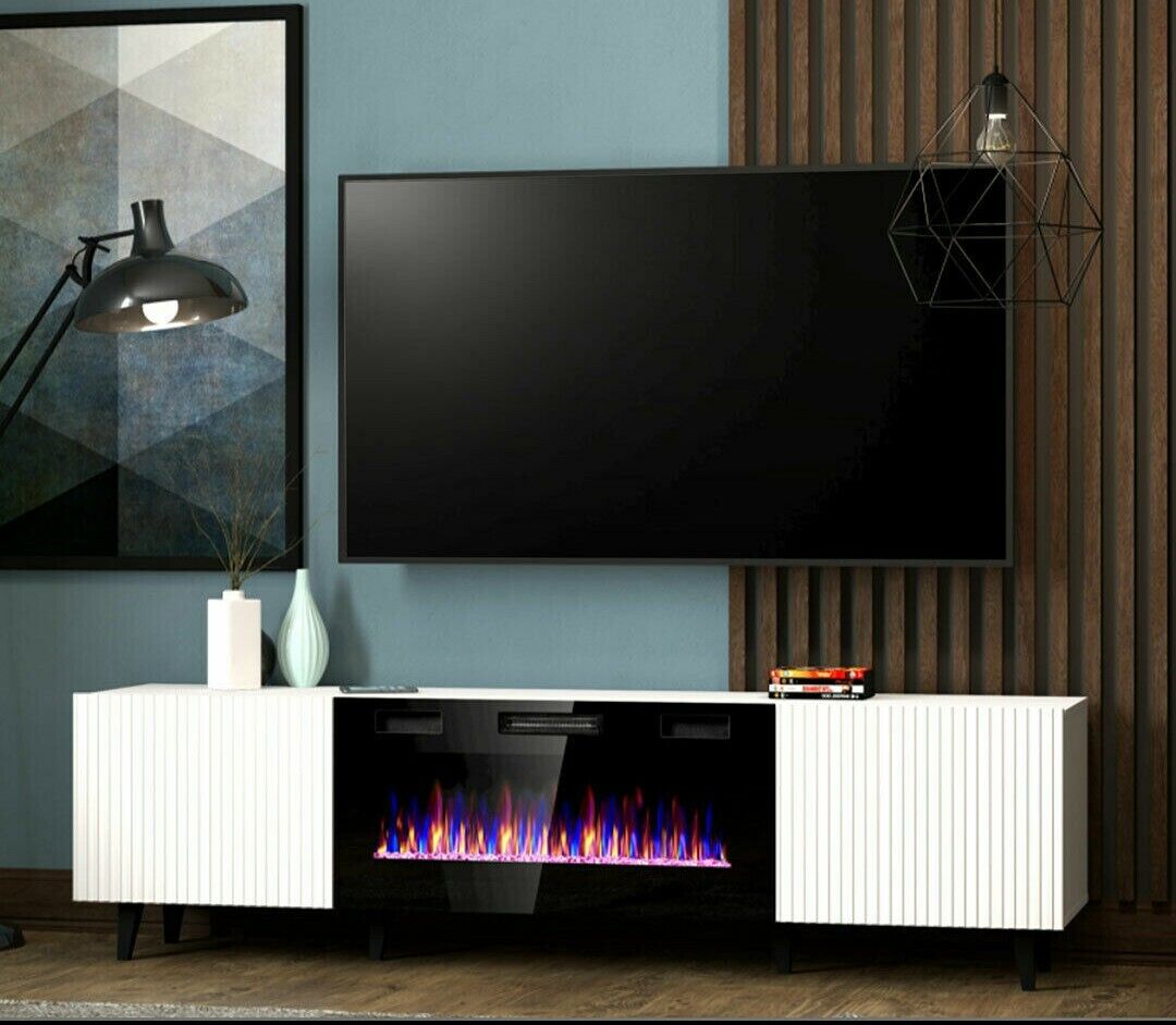 BB Loisir Meuble TV Blanc 180x49x40cm avec Cheminée chauffante intégrée  Palace sur Pieds : : Bricolage