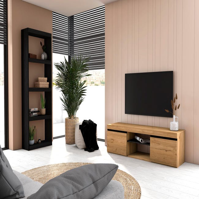 Skraut Home | Muebles de Salón para TV | Conjunto de Muebles Comedor |  320x186x35cm | Chimenea eléctrica | Estilo Moderno | Roble y Negro