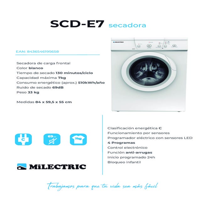 Secadora de evacuación Milectric SCD-E7 - 7kg, 4 programas, función  Anti-arrugas