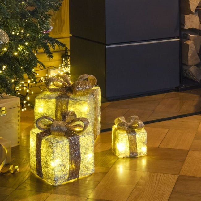 Boîte-cadeau de Noël éclairé à LED avec rubans dorés 3 pcs HI