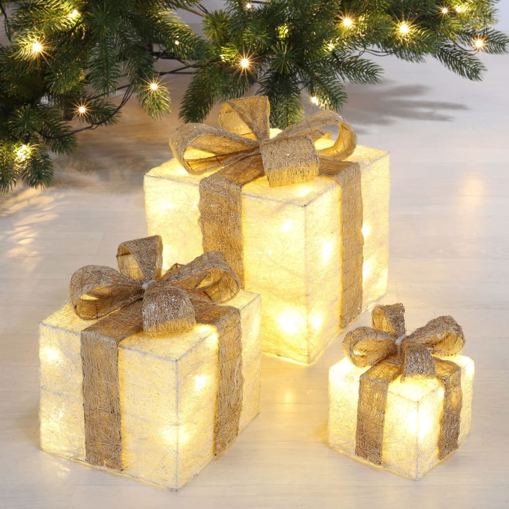 Boîte-cadeau de Noël éclairé à LED avec rubans dorés 3 pcs HI