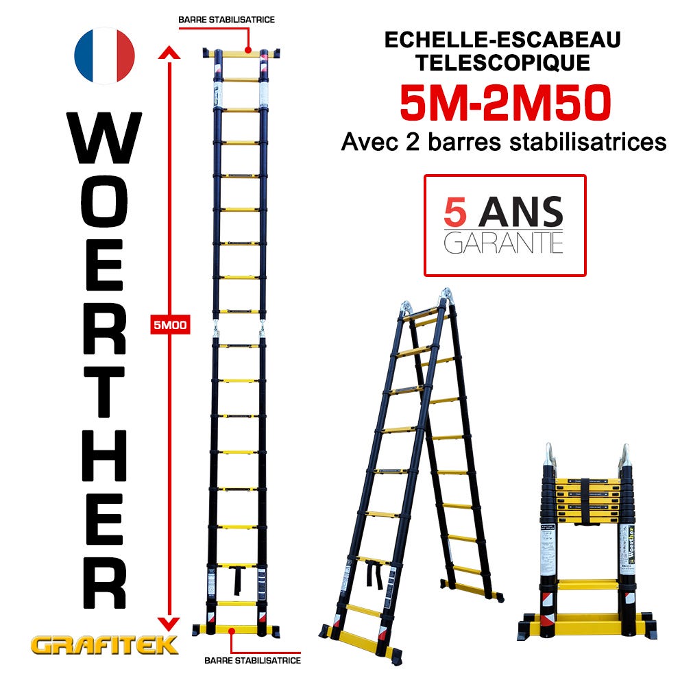 Woerther - Escabeau-échelle télescopique Woerther 5m/2m50 Double barre  stabilisatrices - Plus plateforme - Qualité supérieure - Garantie 5 ans -  Echelles - Rue du Commerce