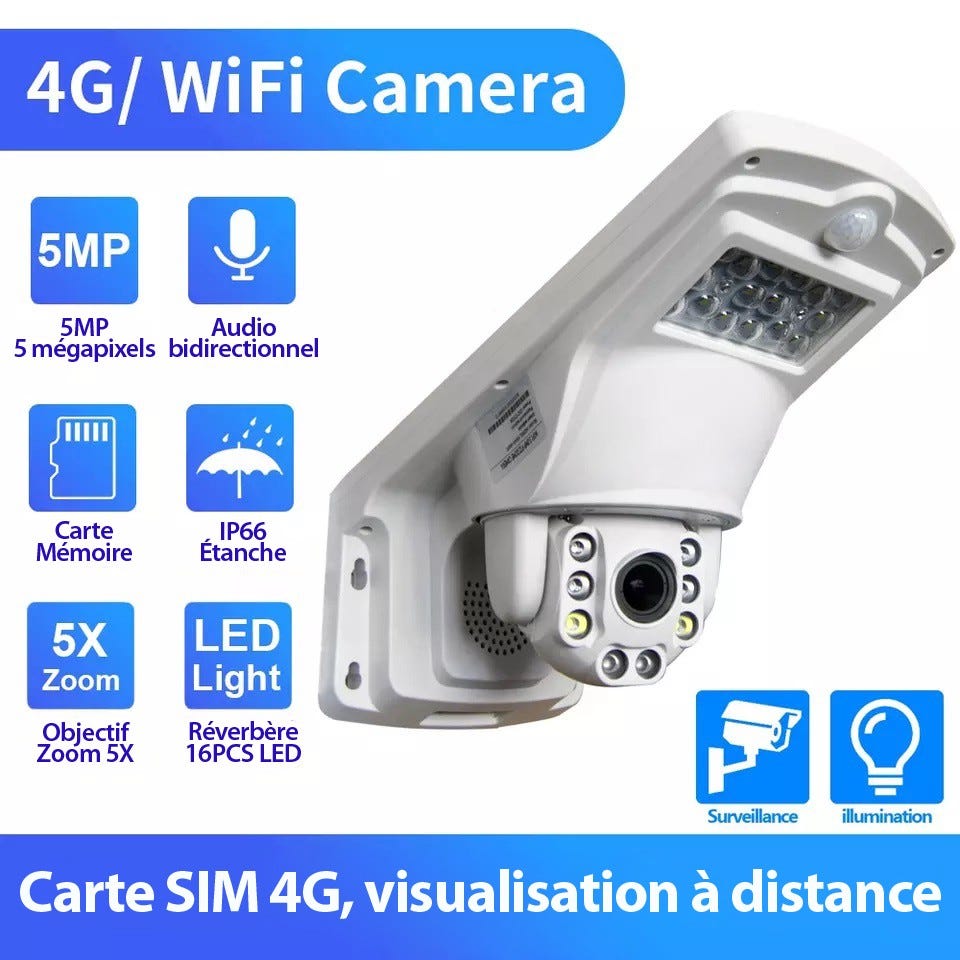 Caméra de surveillance exterieur 4G et WIFI sans fil avec