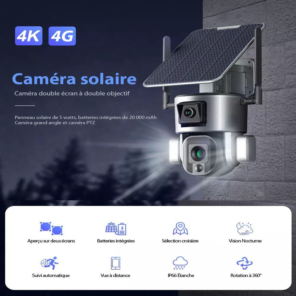 Caméra de surveillance solaire 4G sans fil avec protection IP66 et
