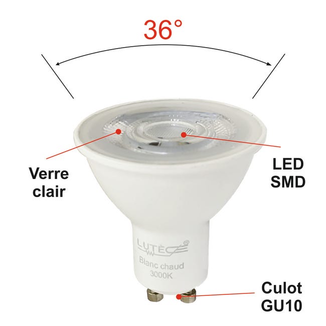 Lot de 10 ampoules LED GU10 5.5W (Eq. 50W) 4000K 38° Dimmable