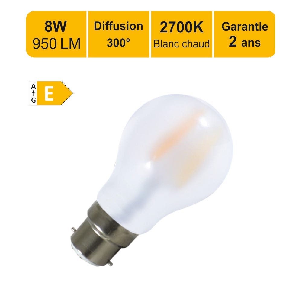 Ampoule LED filament B22 8W (équiv. 80w) 950Lm 2700K - garantie 2 ans