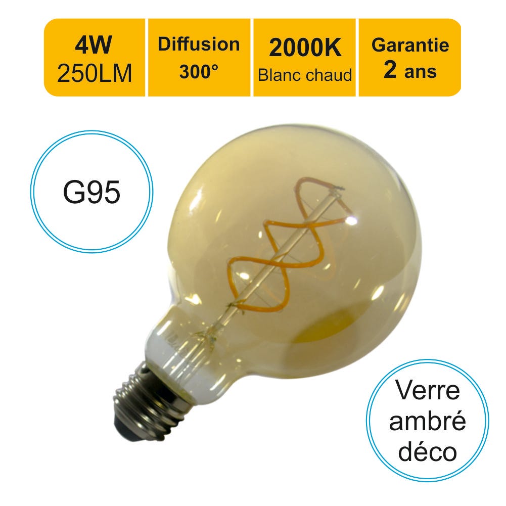 Lot de 6 Ampoules LED E27 G95 Ambrée Filament Déco Vintage