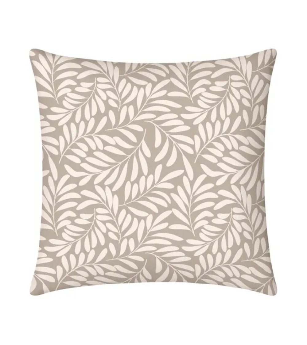 Cojín vicky de 45x45 cm, desenfundable con cremallera, estampado hojas y color taupe