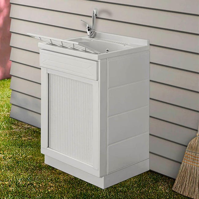 Mobile Lavatoio Moderno Grigio 50x50 Con Vasca In Resina E Asse In Legno Di Bambù - Completo Di Sifone