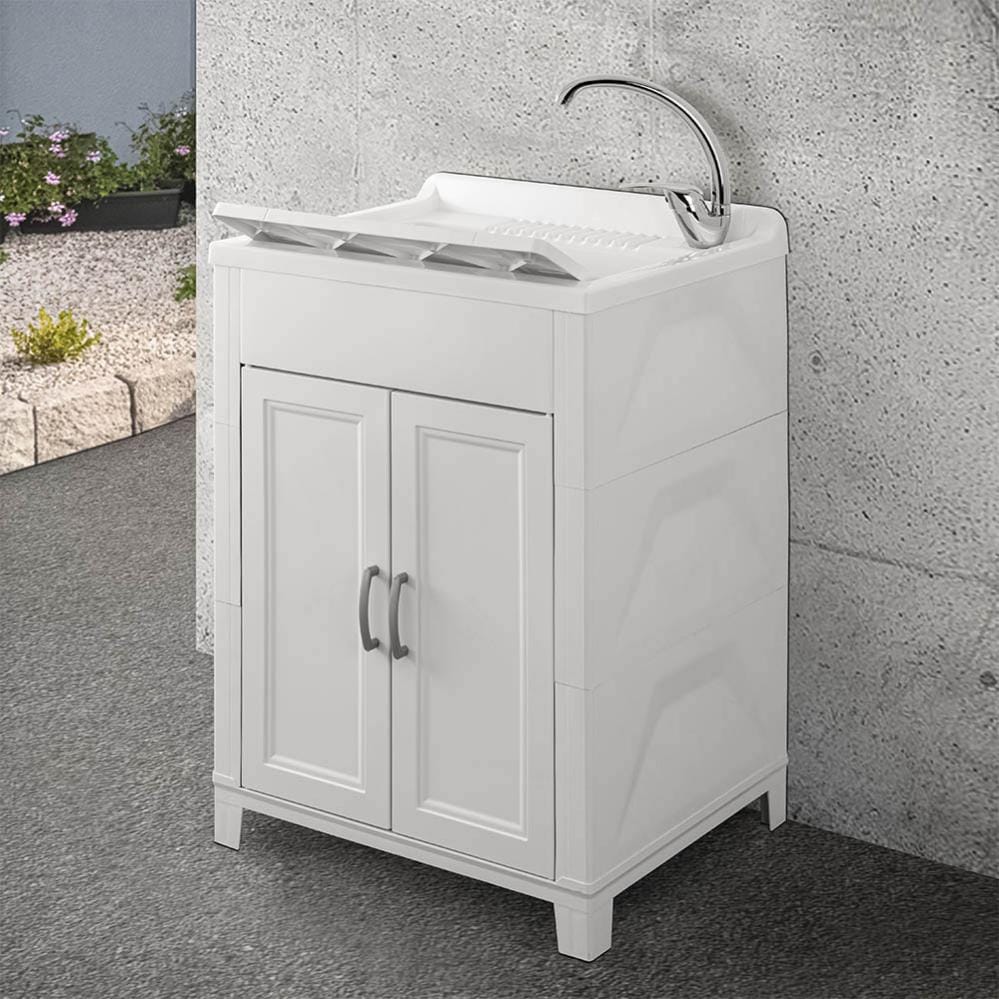 Mobile Lavatoio In Legno Con Vasca Ceramica - 45x50 Cm, Bianco, Con Strofinatoio Integrato E Kit Sifone - Foto 3