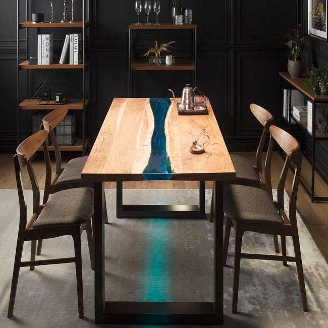 Table à manger résine époxy bleu gris au milieu et bois brut