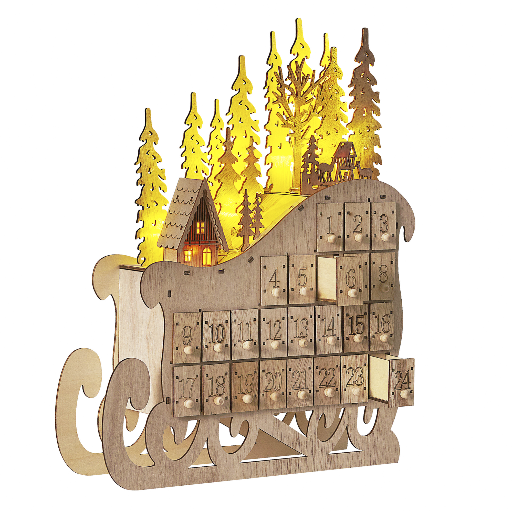 Calendario Avvento in Legno Bianco con 24 Cassetti e Luci Idee Regalo
