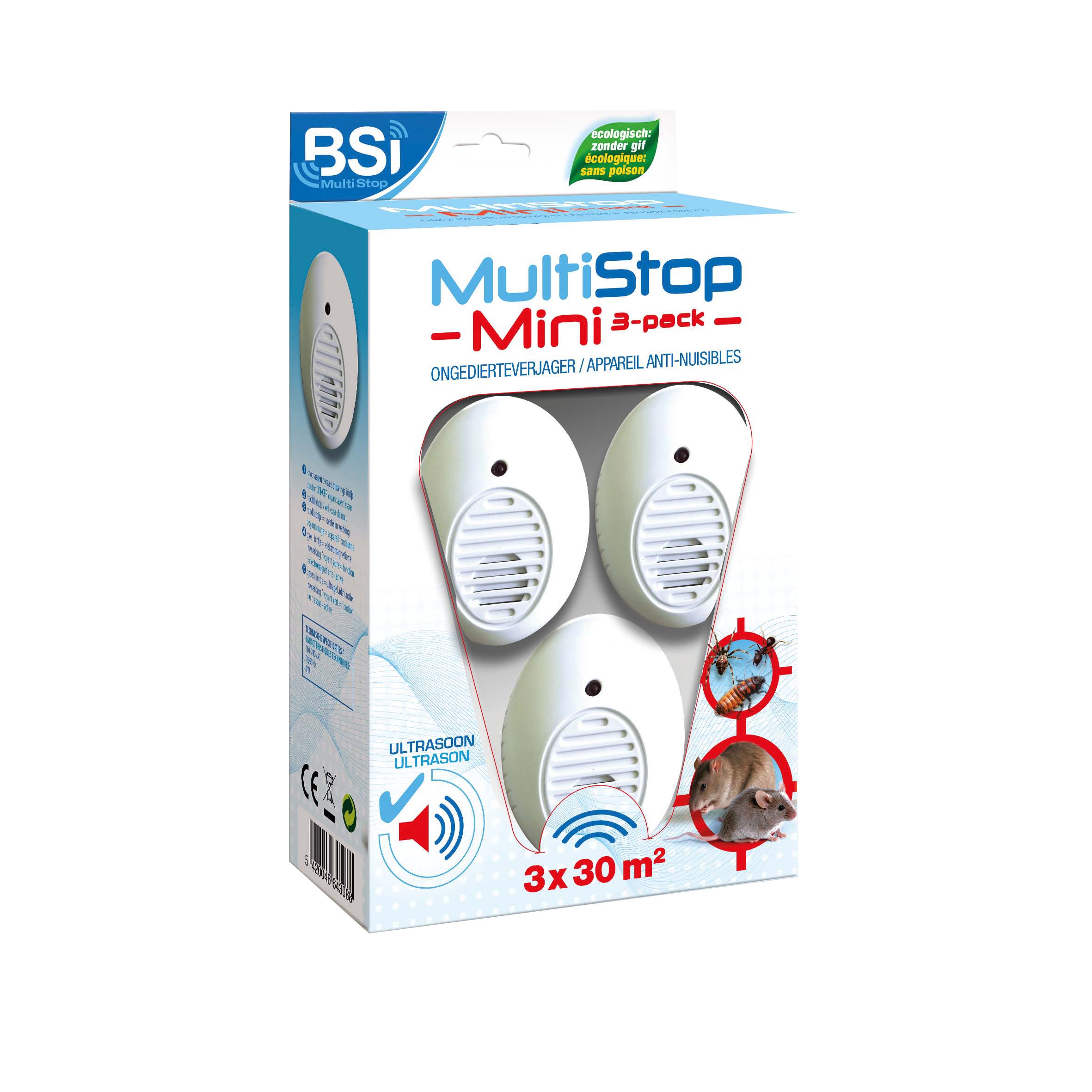 BSI - Multistop Mini 3-Pack - Appareil Anti-Nuisibles - Ultrason - Contre  Insecte/Petit Rongeur - 3 x 30 m²