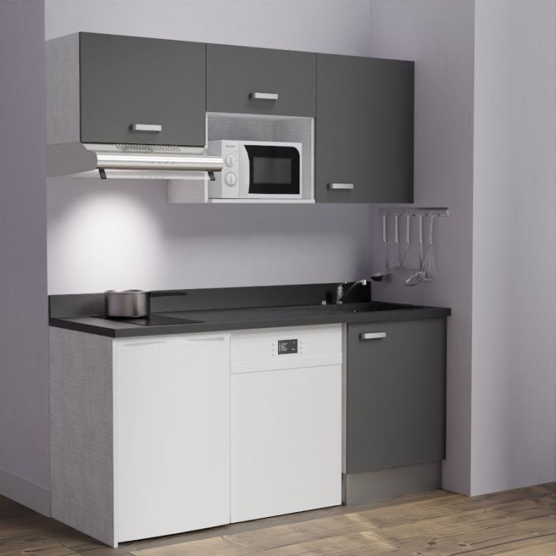 Kitchenette K55L - 180 cm - emplacements hotte, micro-ondes, frigo et  lave-vaisselle - Gris - Nero évier à droite