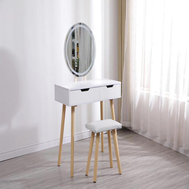 Coiffeuse - avec miroir, lampe et tabouret - 90x40x146 cm - blanc