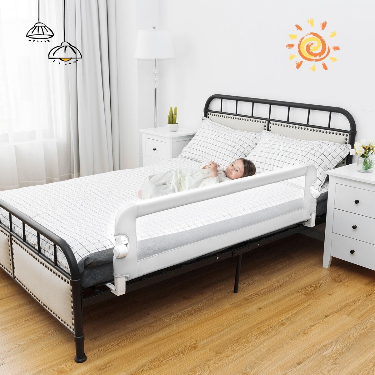 Barrière de lit pour enfant / bébé 150 cm maillage rabattable et portable protection  bord de lit blanche 20_0000226