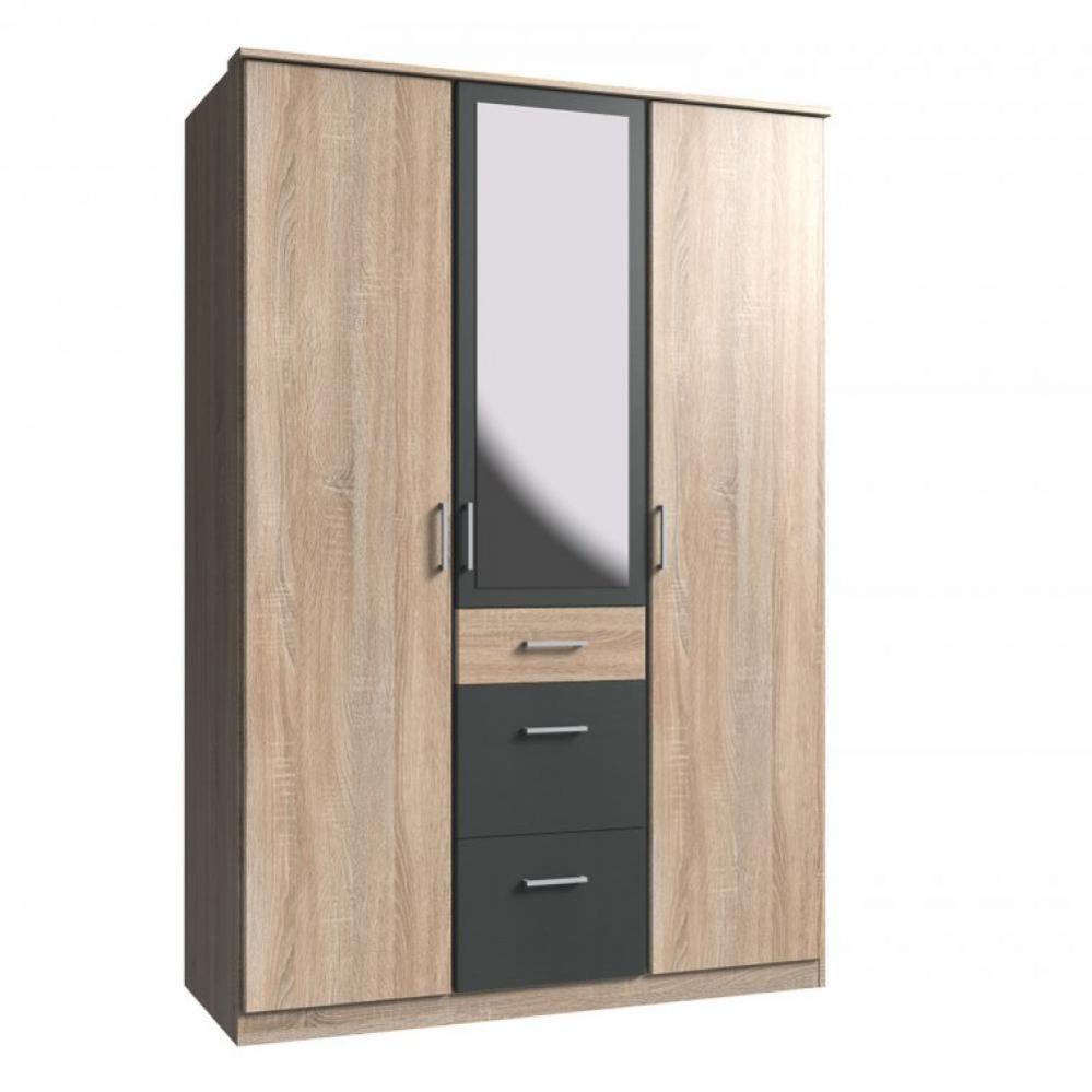 Armoire LAVAL décor chêne et graphite 1 porte miroir 2 portes 3 tiroirs