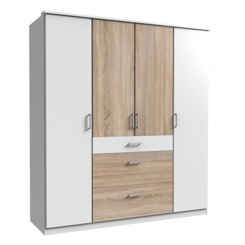 Armoire LAVAL décor blanc et chêne 4 portes 3 tiroirs 2 tringles