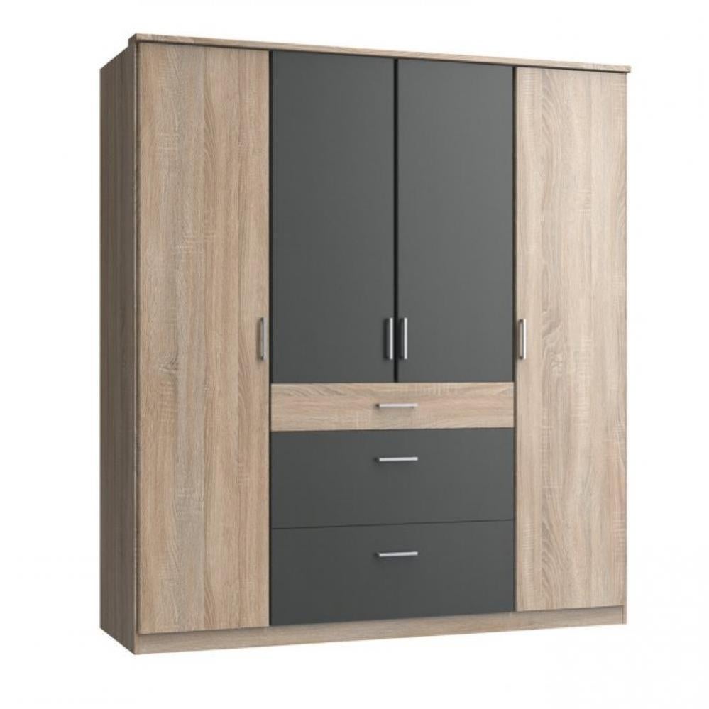 Armoire LAVAL décor chêne et graphite 4 portes 3 tiroirs 2 tringles