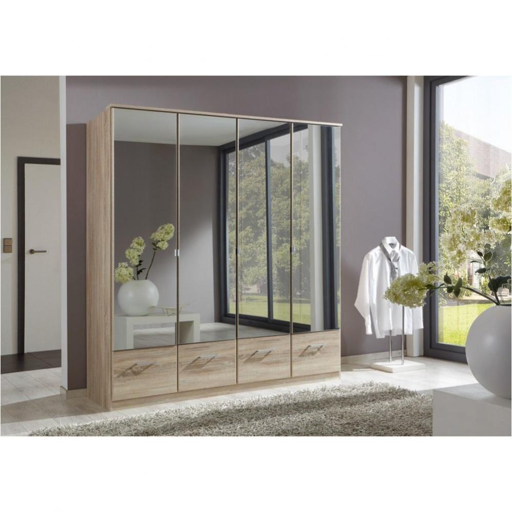 Armoire penderie DINGLE 4 portes miroirs 4 tiroirs largeur 179 chêne