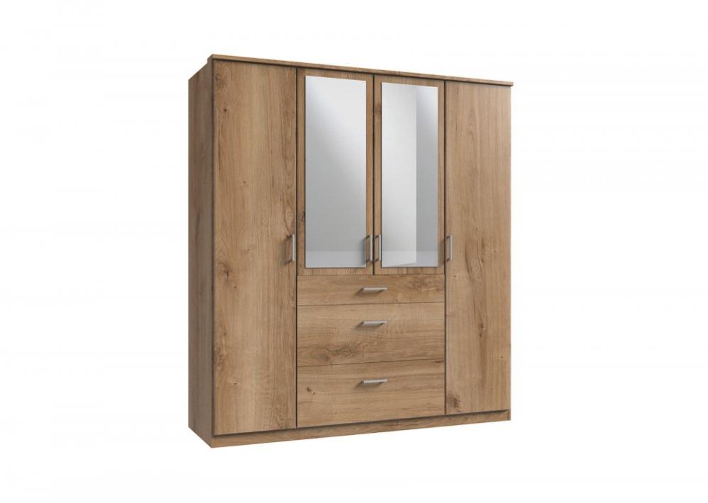 Armoire LAVAL décor chêne poutre 2 portes miroirs 2 portes 3 tiroirs