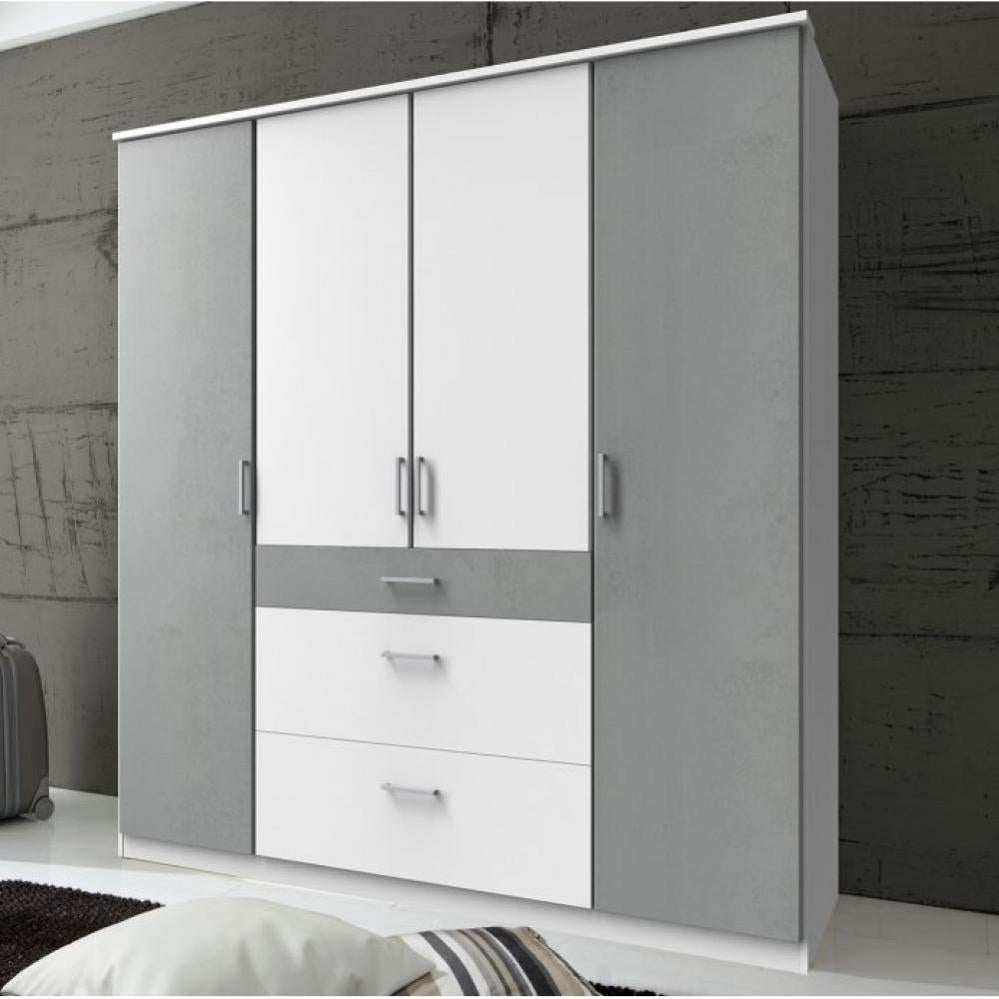Armoire LAVAL décor blanc et béton 4 portes 3 tiroirs 2 tringles