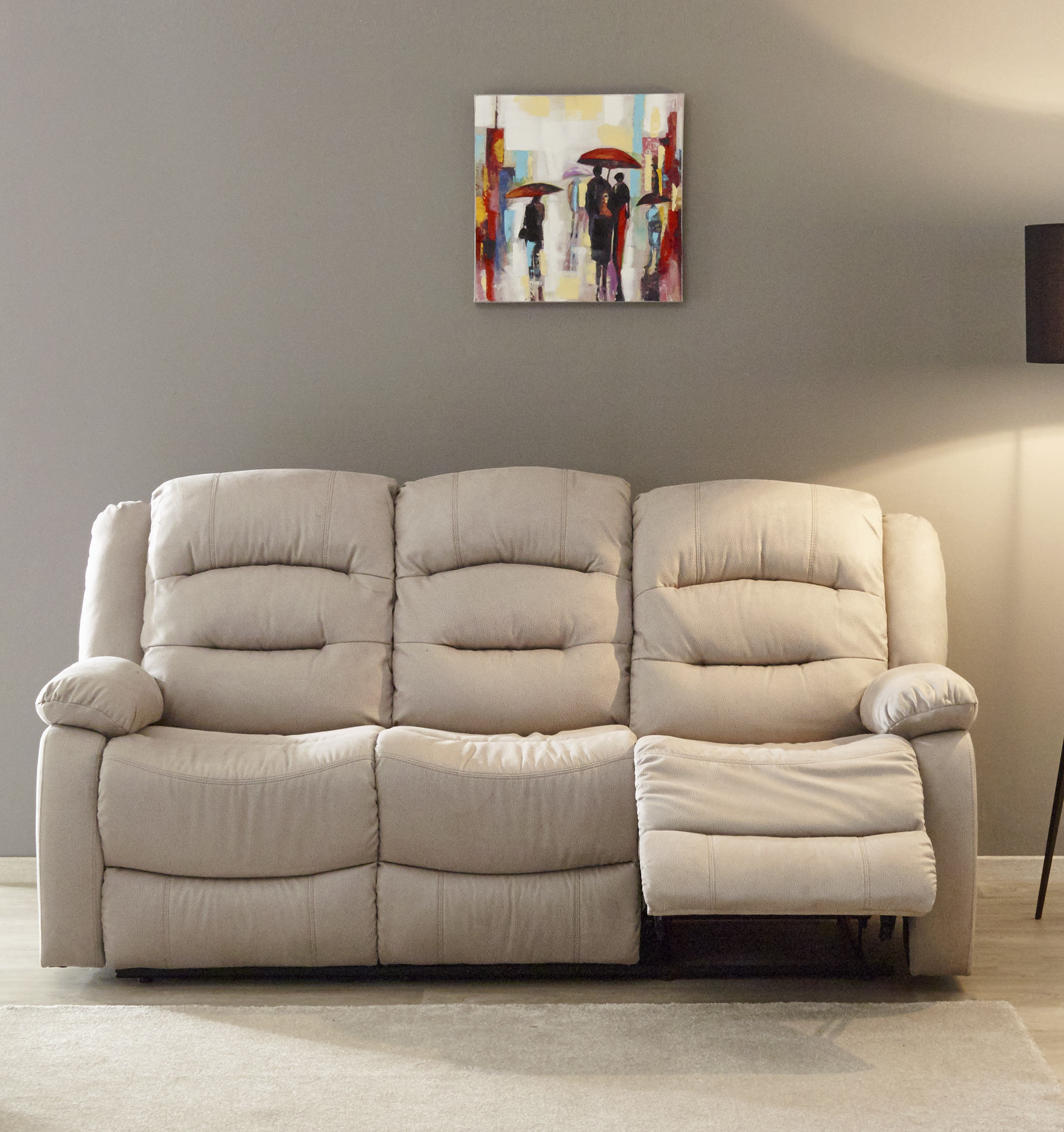 Canapé droit de relaxation manuel 3 places en tissu beige Pretoria