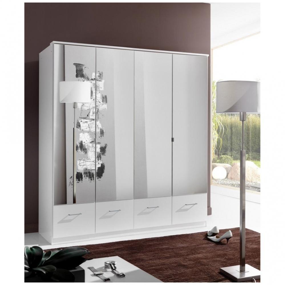 Armoire penderie DINGLE 4 portes miroirs 4 tiroirs largeur 179 blanche