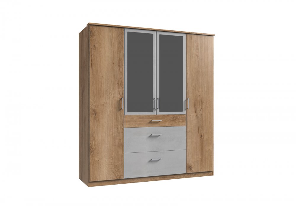 Armoire LAVAL décor chêne poutre et béton 2 portes miroirs 2 portes 3