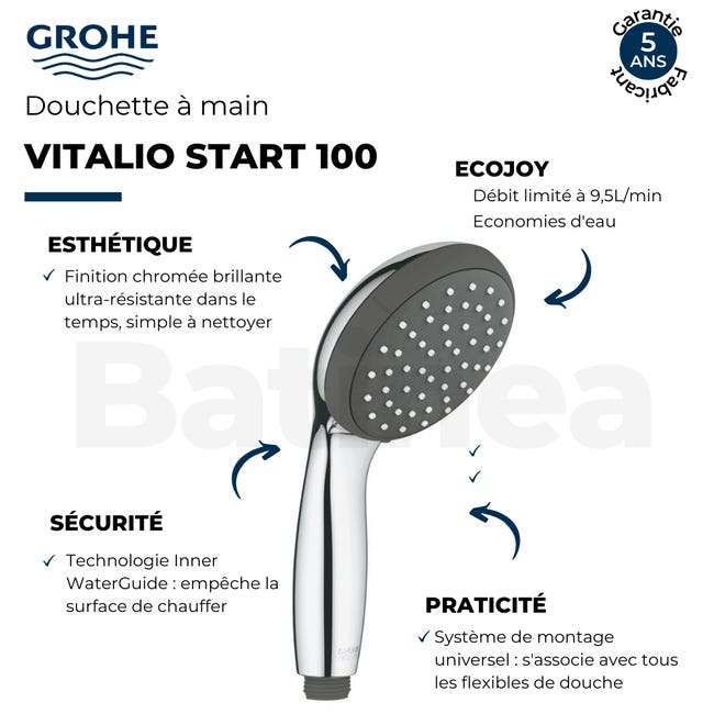 Pommeau de douche GROHE Quickfix Vitalio Comfort 100 4 jets + nettoyant  GrohClean