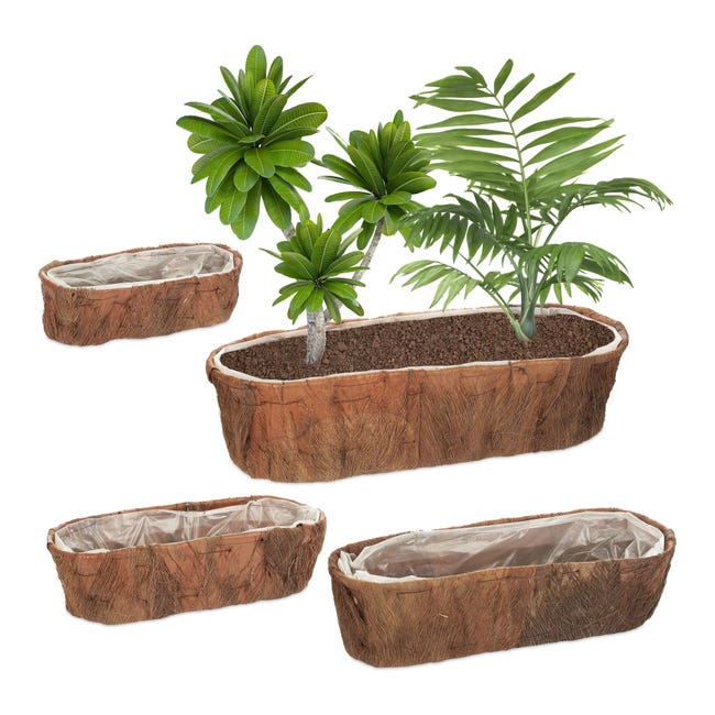 Relaxdays Set Da 3 Fioriere In Fibra Di Cocco Con Rivestimento Interno, Vasi Portapiante Di Diverse Misure Per Interni Ed Esterni, Stile Naturale
