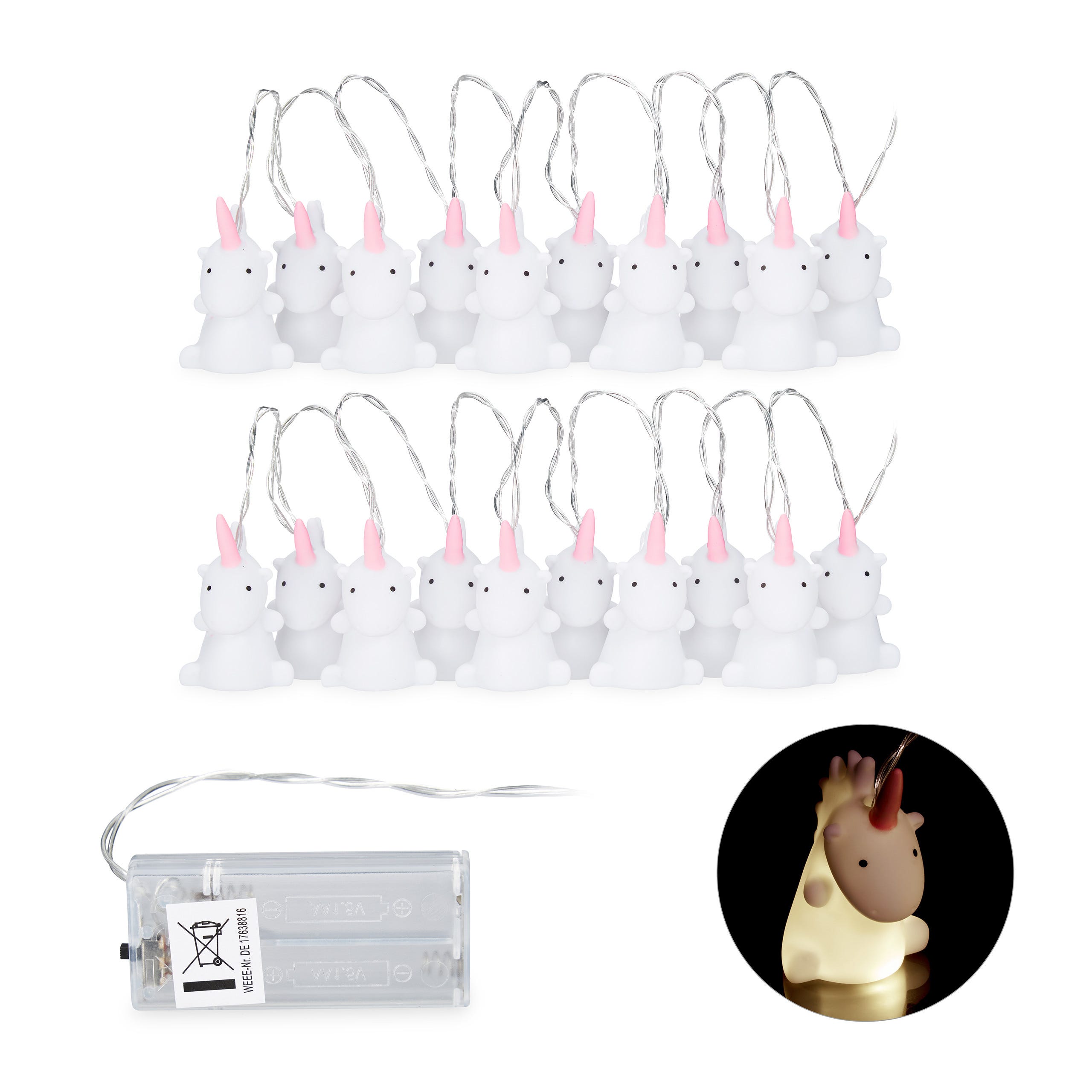 Guirlande lumineuse licorne, lot de 2, pour chambre enfants, avec piles,  lumière blanche chaude, 1,60 m, blanc-rose