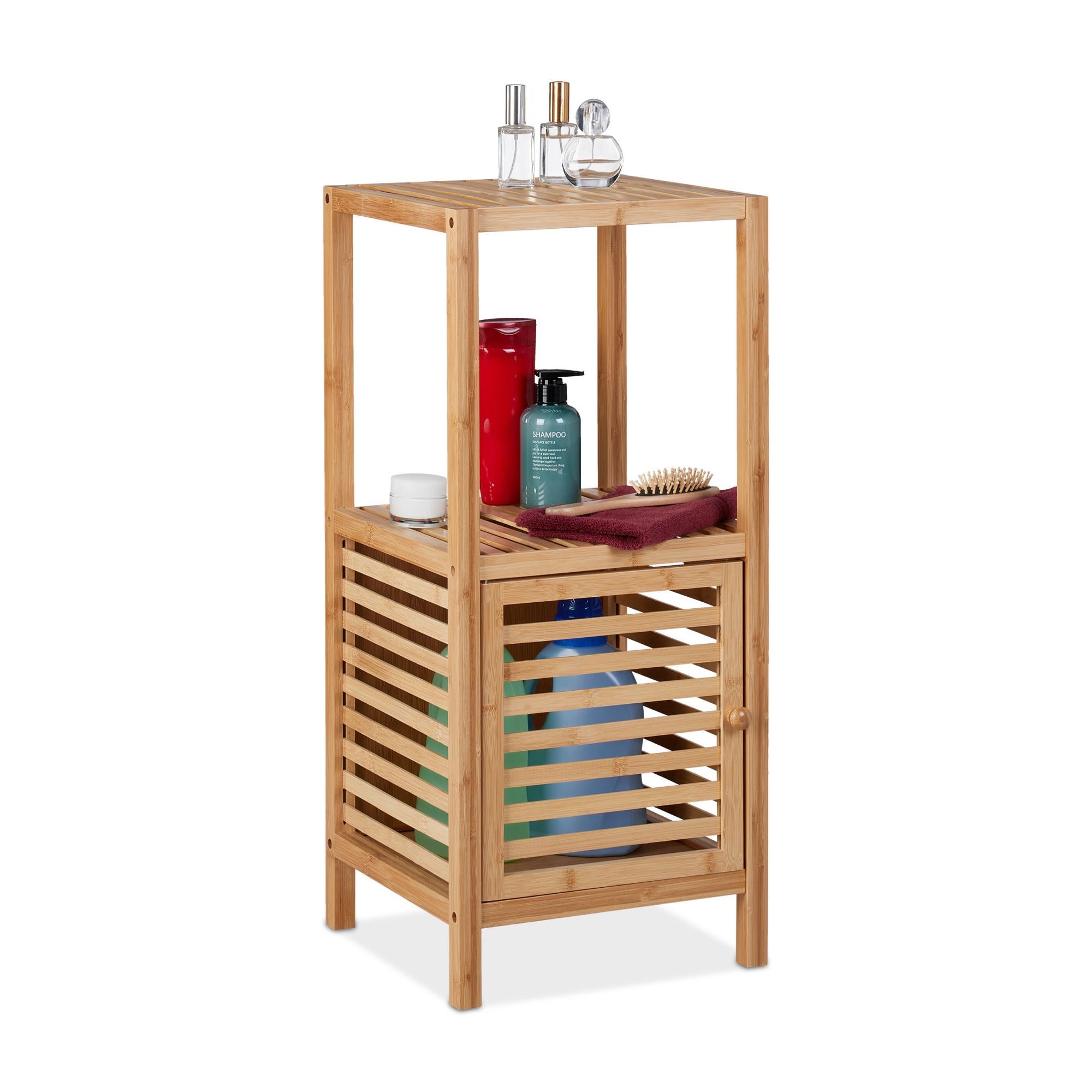 HITNET Mobiletto Bambu Bagno, Armadietto Bagno da Terra, Mobile Bagno Basso con Ripiani Rimovibili e Compartimento Aperto, adatto per Soggiorno, Cucina e Corridoio, Noce