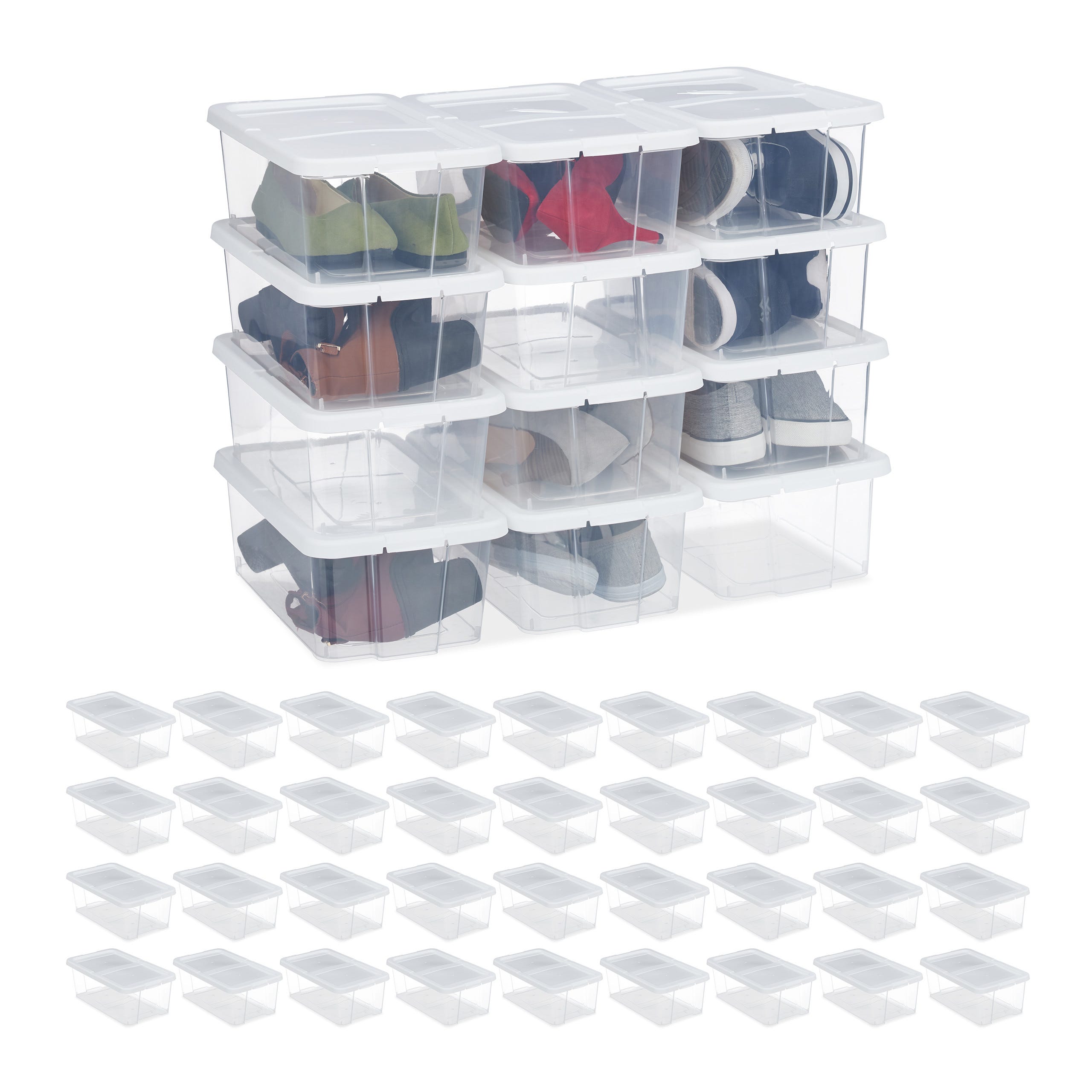 48x Set di Scatole di Plastica per Scarpe, Box Trasparenti Impilabili con  Coperchio HLP 12,5x20x34,5cm, Bianche