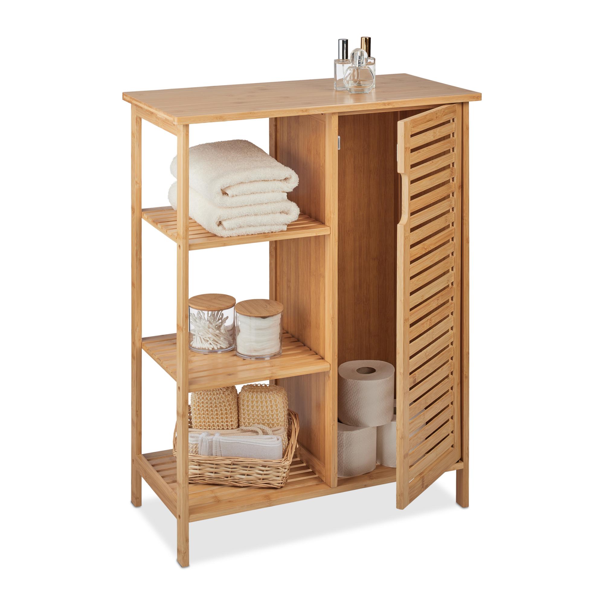 Armadio Da Bagno In Bambù WOLTU – Mobile Alto E Stretto 36x33x140 Cm, 4 Ripiani, Porta A Battente