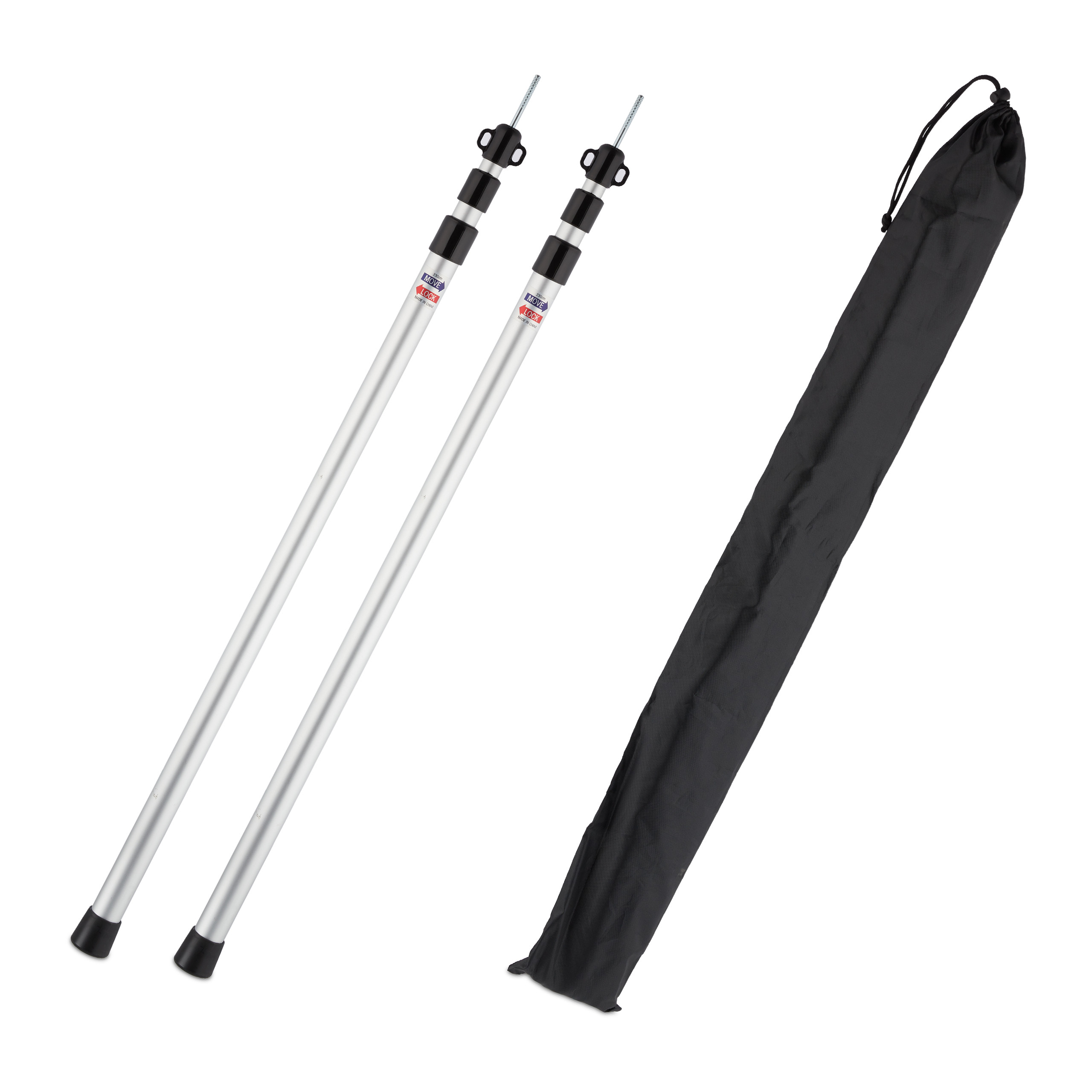 Relaxdays Mât de tente télescopique, lot de 2, hauteur réglable de 93 à 230 cm, fixation