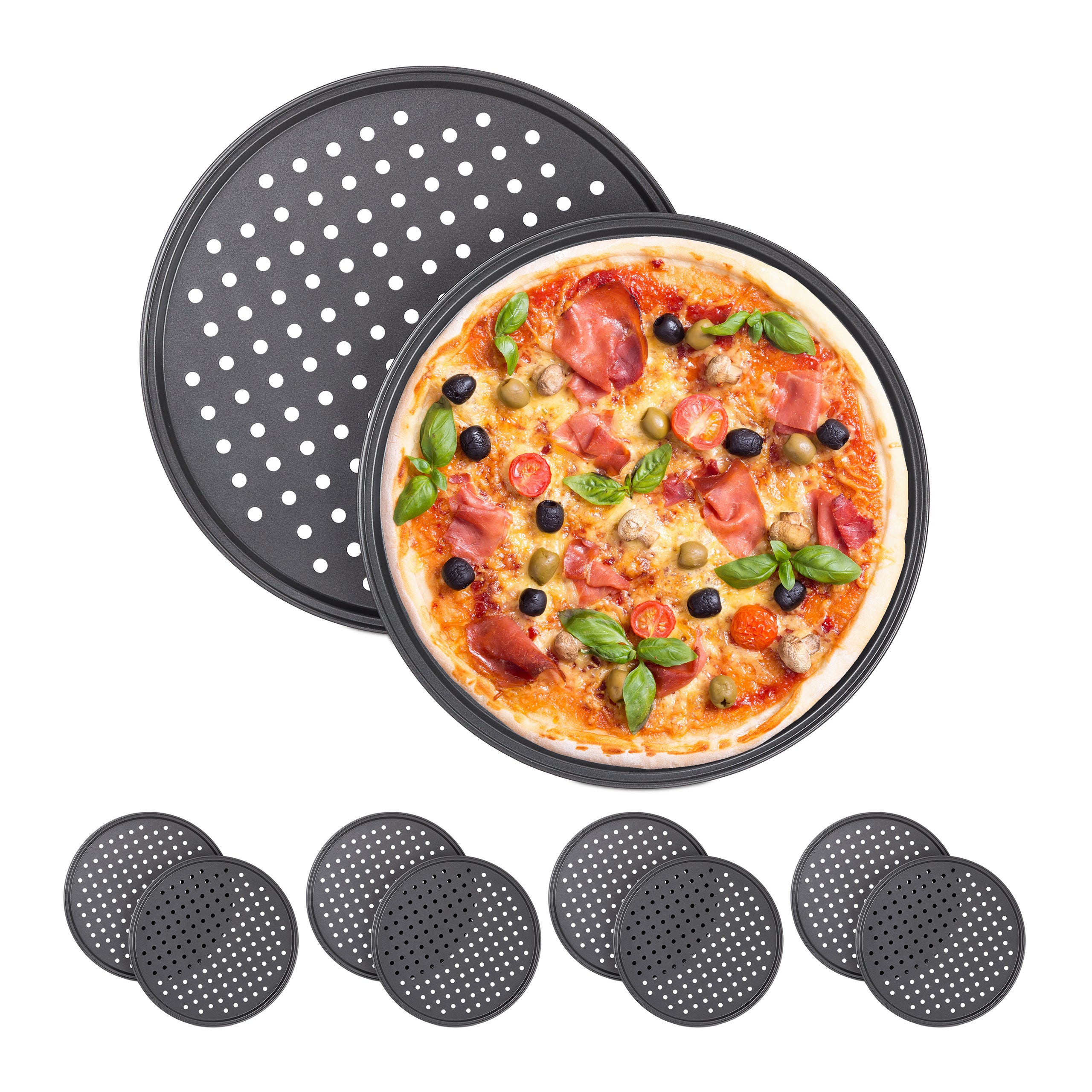 10x Teglia per Pizza, Set, Rotonda, Forata, Antiaderente, per Crostate,  Acciaio al Carbonio, ∅ 32 cm, Grigio