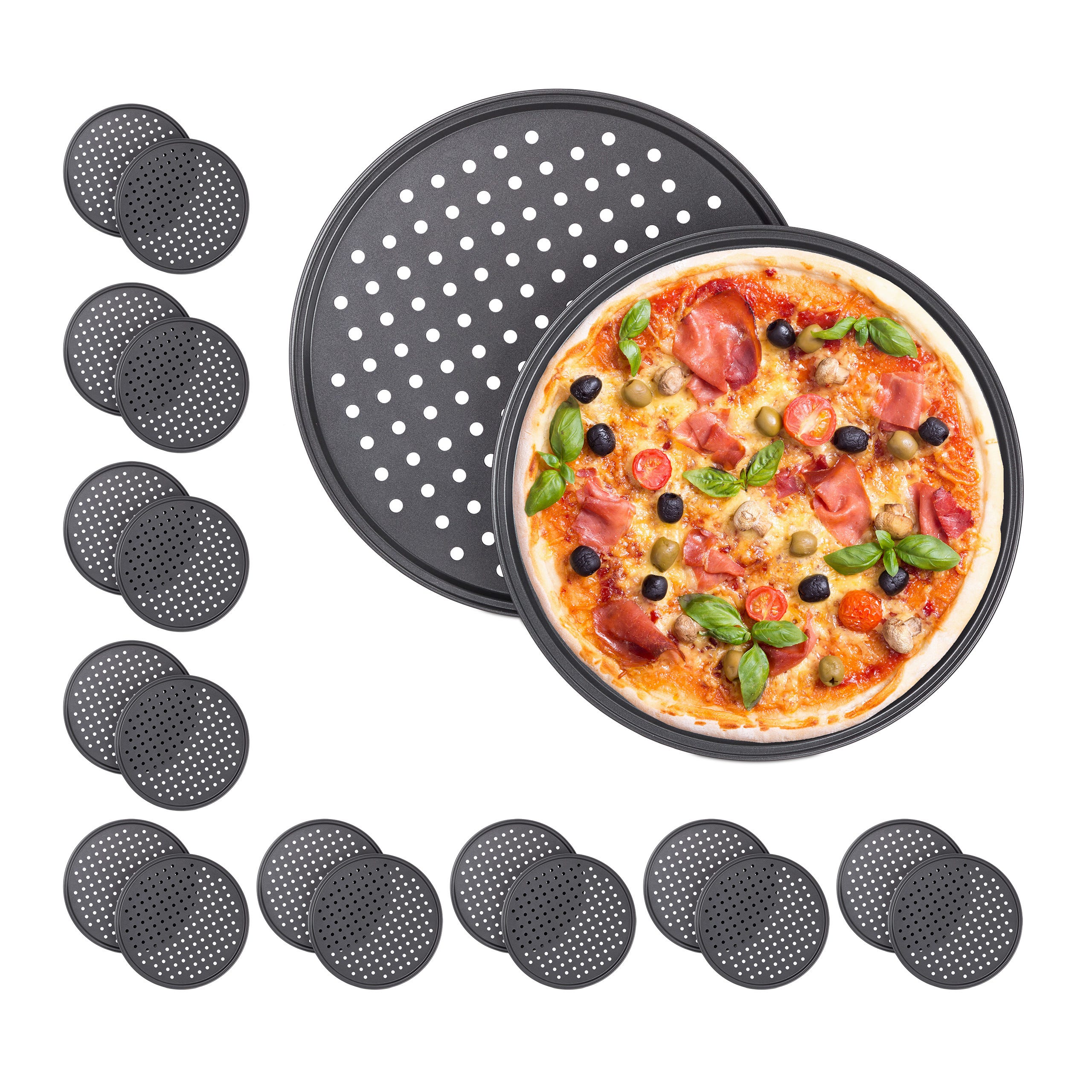 20x Teglia per Pizza, Set, Rotonda, Forata, Antiaderente, per Crostate,  Acciaio al Carbonio, ∅ 32 cm, Grigio