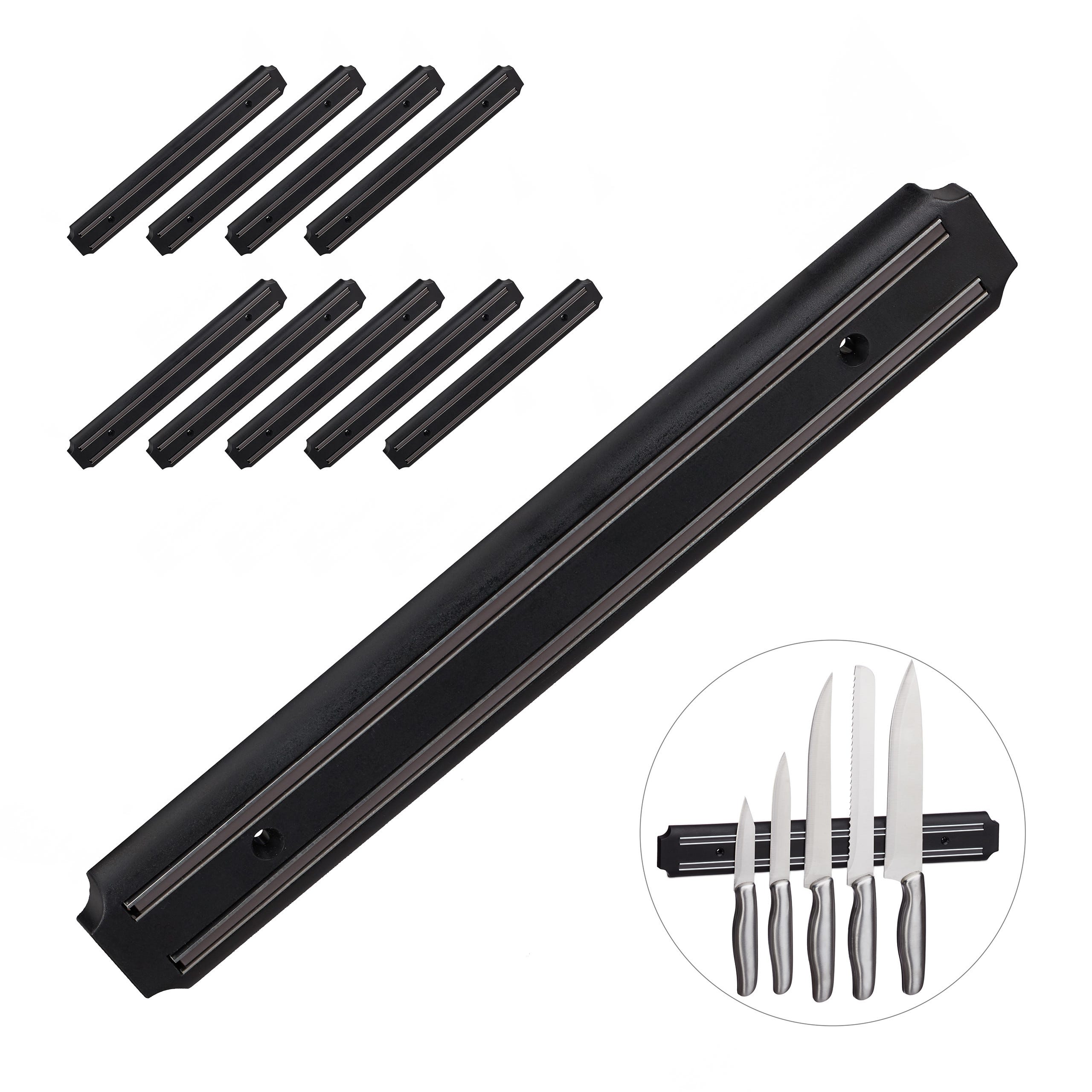 Barre magnétique, lot de 10, rangement outils, à aimant, couteaux &  ustensiles, plastique, 33 cm de largeur, noir