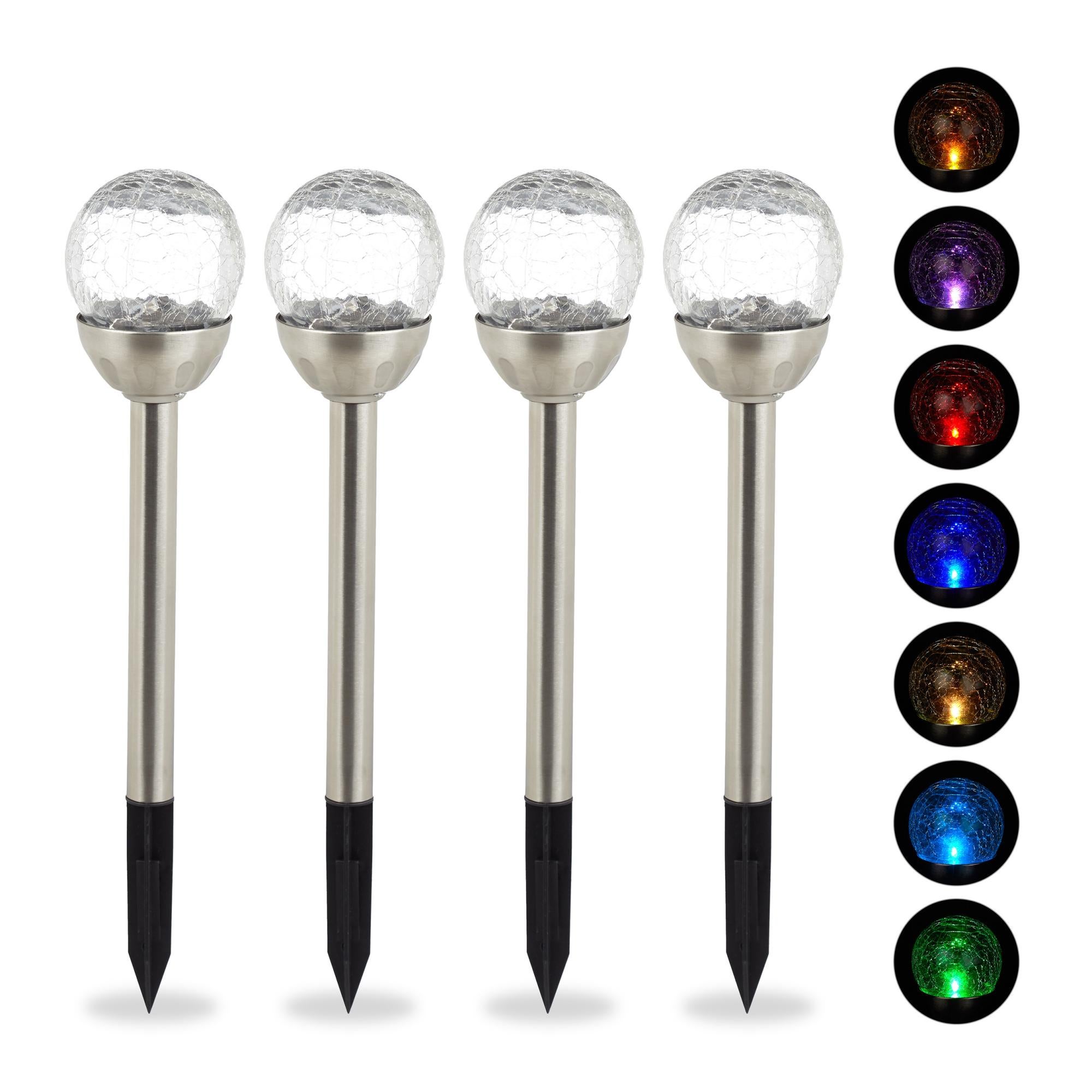 Relaxdays Set 4 Luci Solari Sferiche Da Giardino - Effetto Vetro Rotto, Cambio Colore, Impermeabili IP44 - Altezza 38 Cm