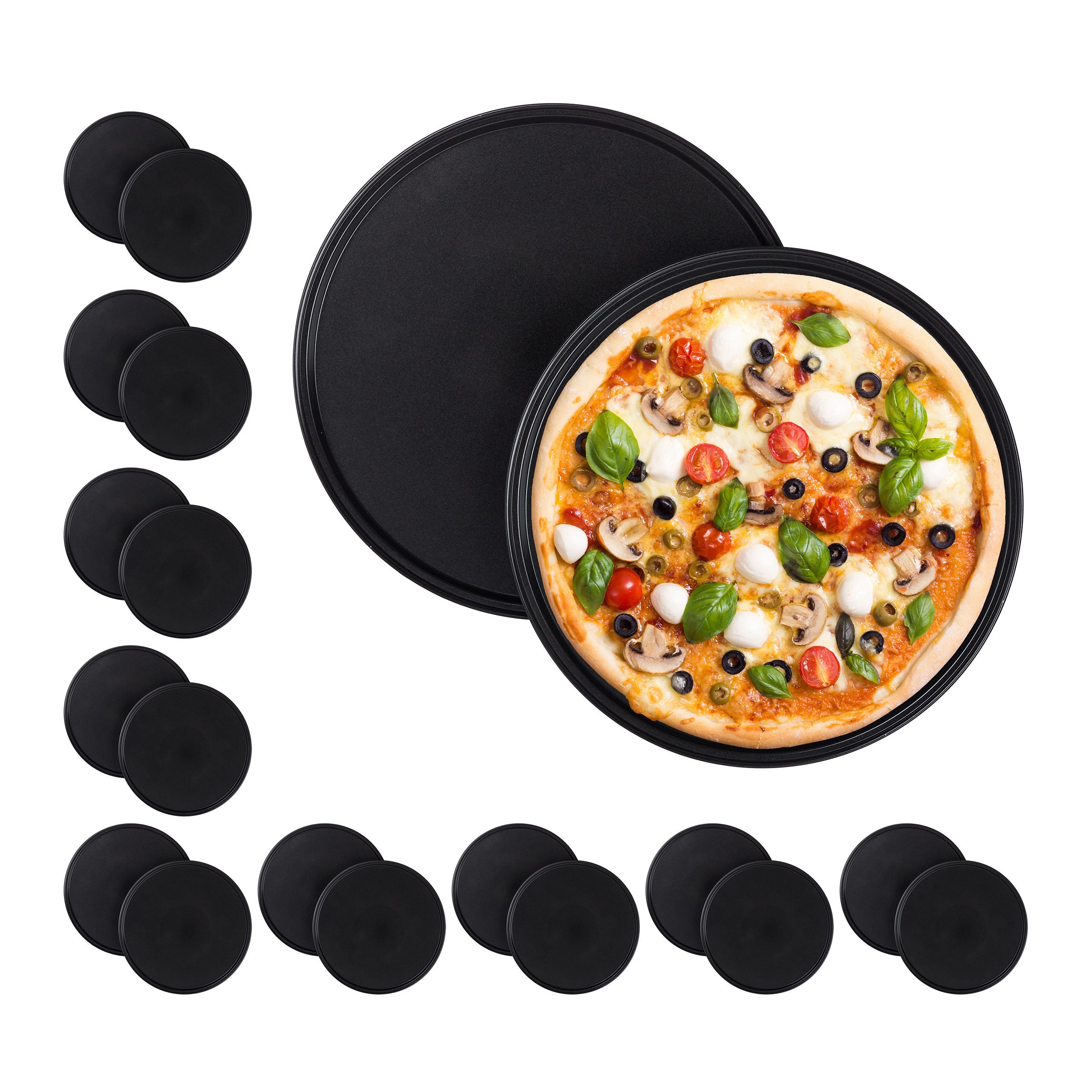 20x Teglia per Pizza, Set, Rotonda, Forata, Antiaderente, per Crostate,  Acciaio al Carbonio, ∅ 32 cm, Grigio