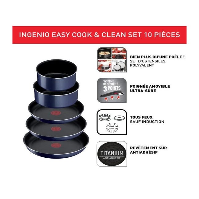 TEFAL L1579102 Ingenio Easy Cook N Clean Batterie de cuisine 10 pieces,  anti ashésif, tous feux sauf induction, fabriqué en Fr - Ustensile de  cuisine - Achat & prix