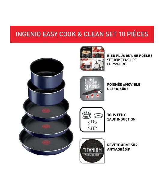 TEFAL L1579102 Ingenio Easy Cook N Clean Batterie de cuisine 10 pieces,  anti ashésif, tous feux sauf induction, fabriqué en Fr
