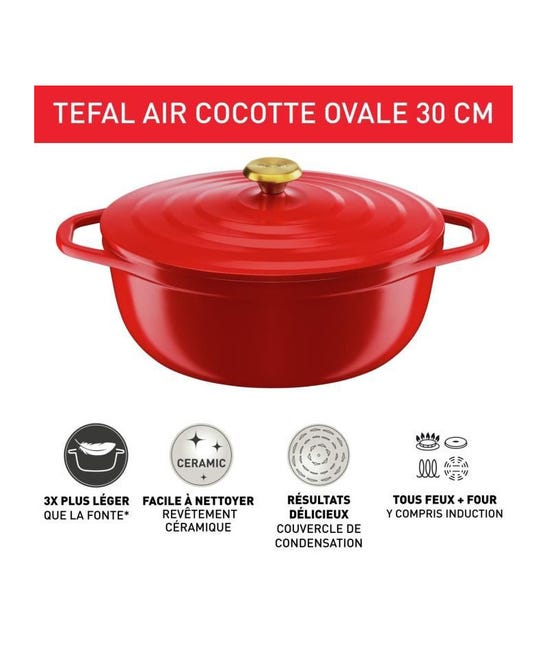 TEFAL E2548904 Air cocotte légere ovale 30x23 cm, fonte d'aluminium rouge,  tous feux dont induction