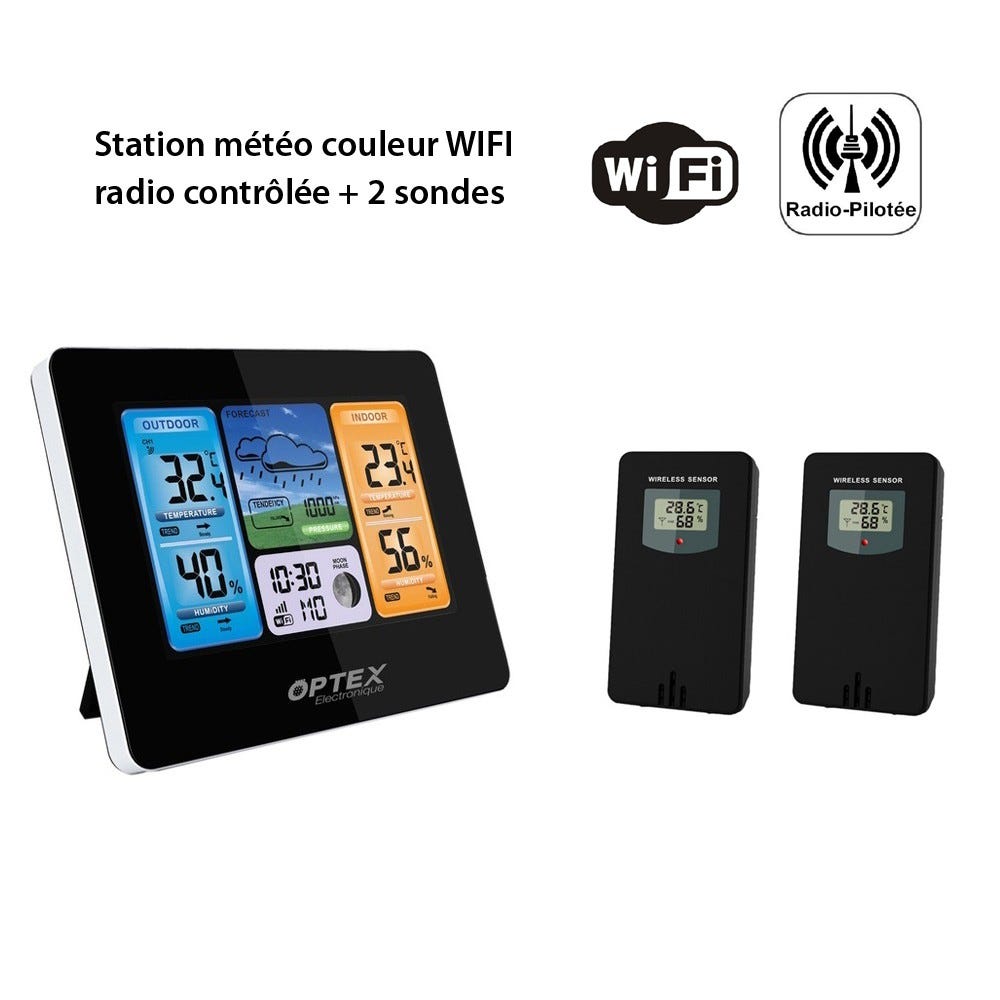 Station météo couleur WIFI radio contrôlée - Intérieure Extérieure, -40 à  +70°C Horloge App Portée 60m 2 Sondes extérieures Incluses