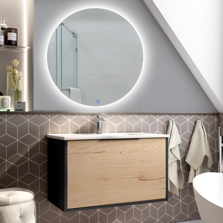 Meuble de salle de bain simple vasque 1 façade et 2 tiroirs ALBA et miroir rond SOLEN noir