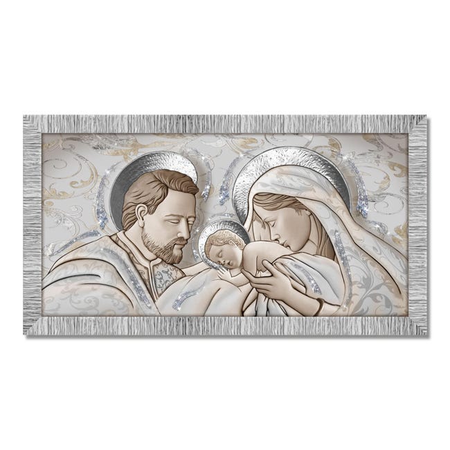 Quadro Sacra Famiglia Moderna In Argento – Icona Religiosa 21x15 Cm In Cornice Dorata 45x39x3 Cm – Made In Italy Con Sacchetto Regalo