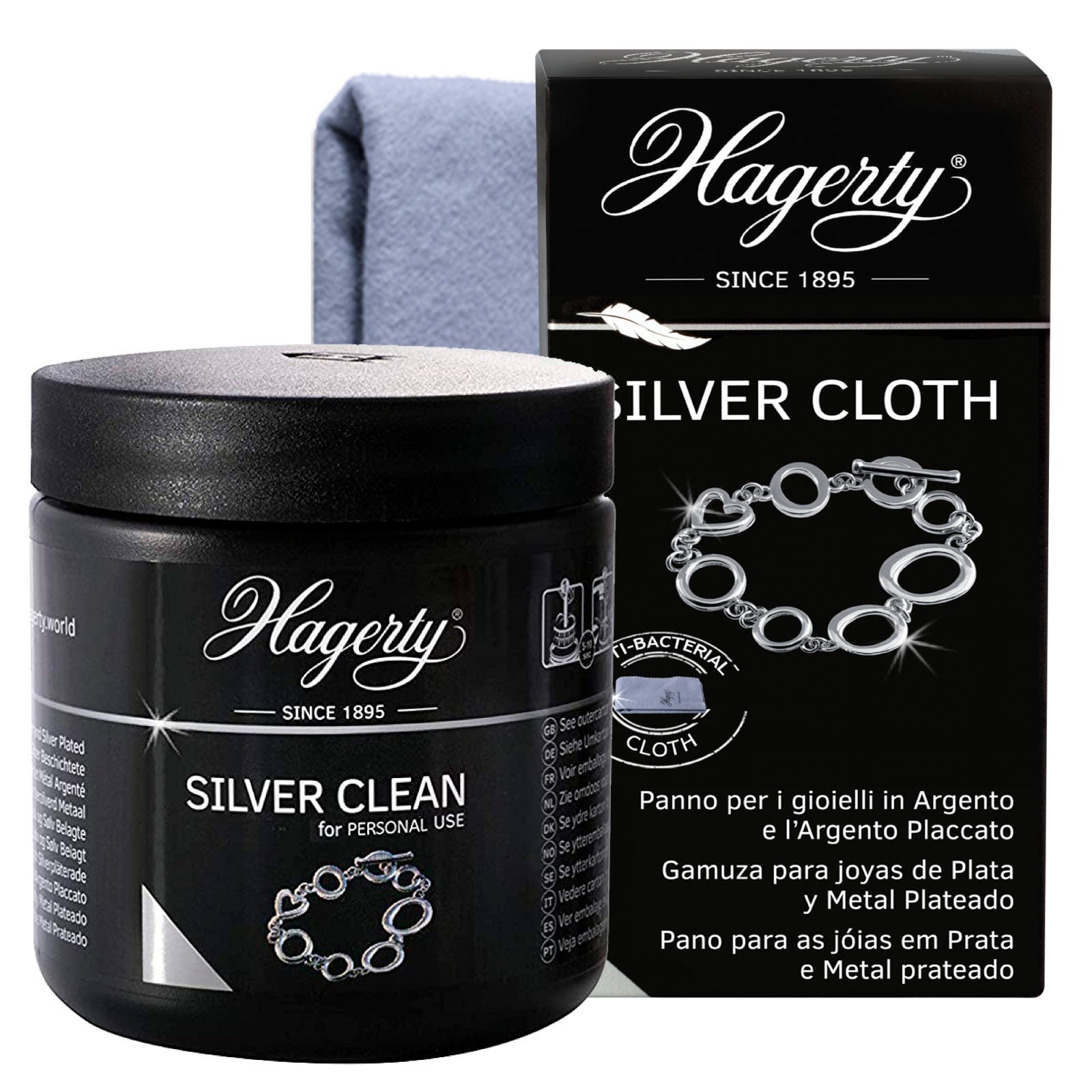 Kit Hagerty Silver Clean Pulitore per Gioielli in Argento Barattolo da 170  ml + Hagerty Silver Cloth Panno Pulente per Gioielli in Argento