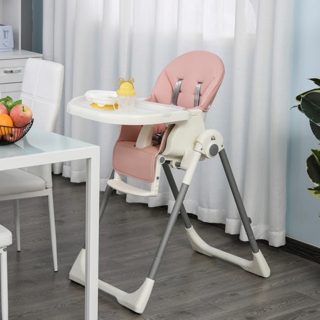 Cadeira de Refeição Bebé HOMCOM Rosa PP, Couro Sintético, Aço